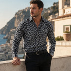 Leopard Print Graphic Shirt Button-Down Camp Collar Gray – Styled Editorial Shot