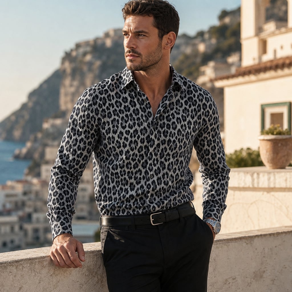 Leopard Print Graphic Shirt Button-Down Camp Collar Gray – Styled Editorial Shot