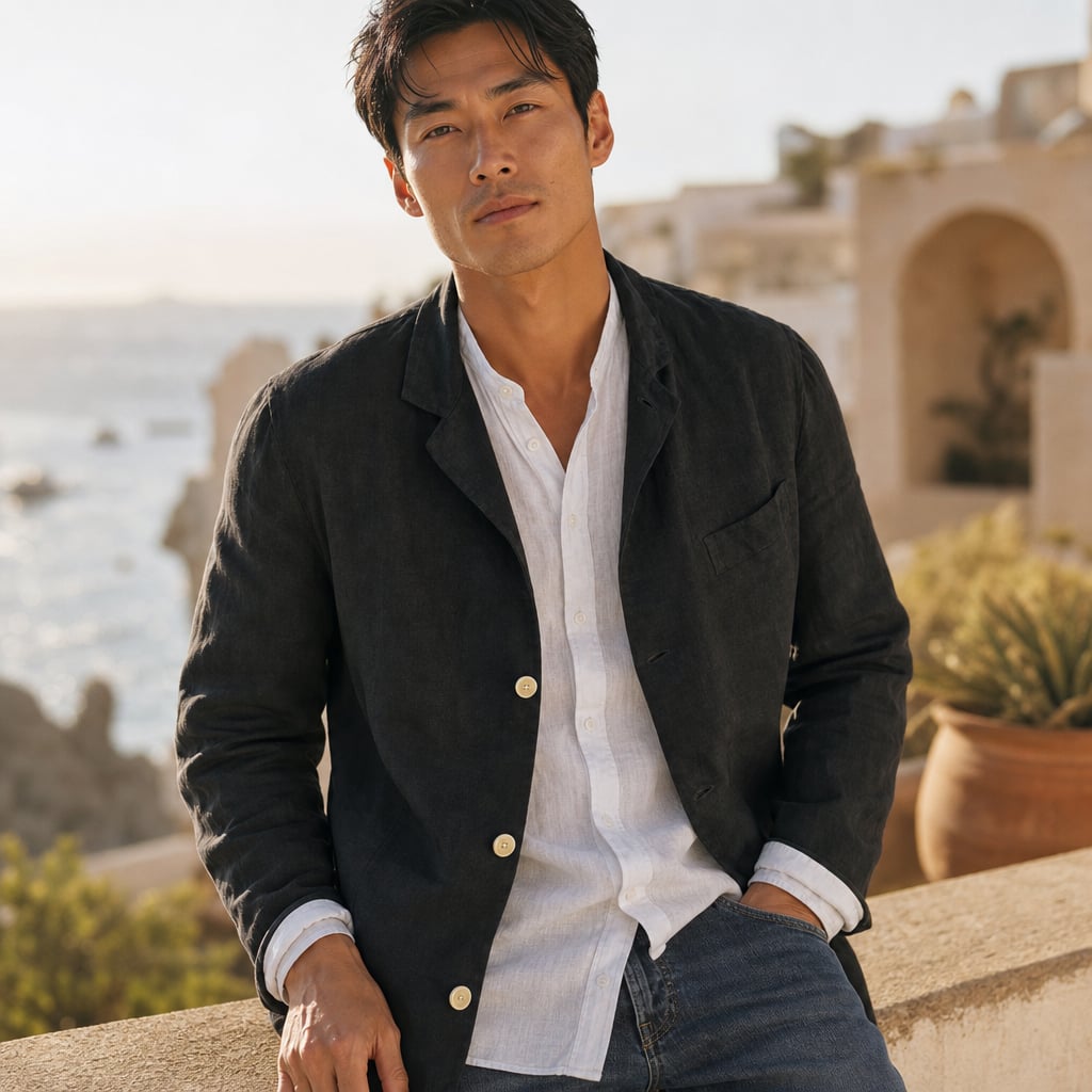 Linen Blazer Lightweight Open-Front Black – Styled Editorial Shot