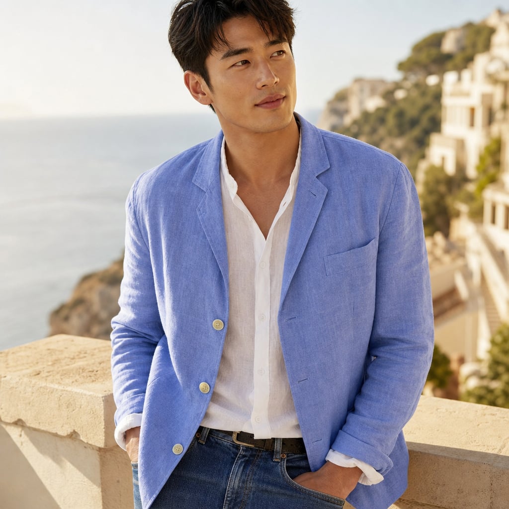 Linen Blazer Lightweight Open-Front Blue – Styled Editorial Shot