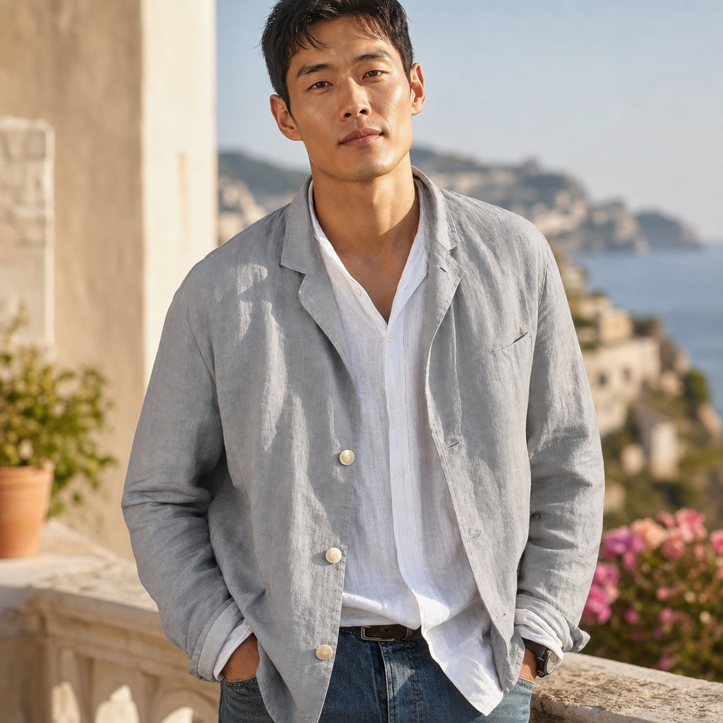 Linen Blazer Lightweight Open-Front Grey – Styled Editorial Shot