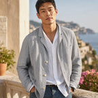 Linen Blazer Lightweight Open-Front Grey – Styled Editorial Shot