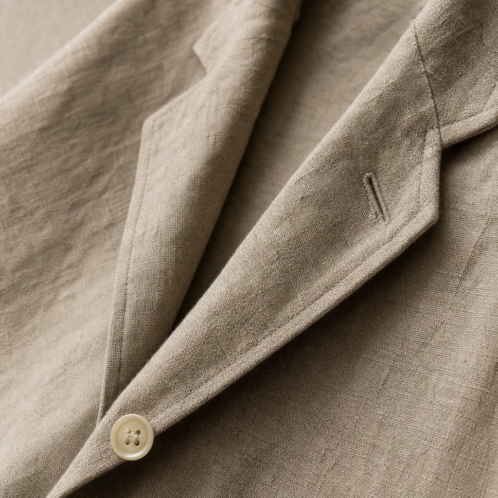 Linen Blazer Lightweight Open-Front Khaki – Fabric and Detail Close-Up