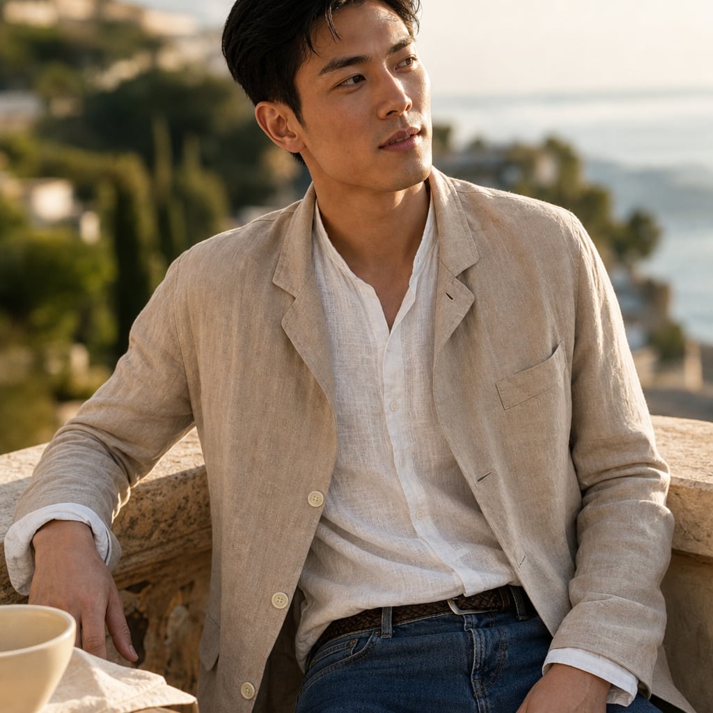 Linen Blazer Lightweight Open-Front Khaki – Styled Editorial Shot