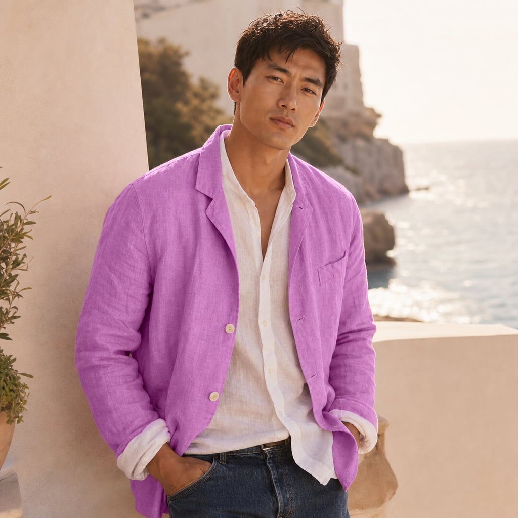 Linen Blazer Lightweight Open-Front Purple – Styled Editorial Shot