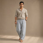 Linen Blend Drawstring Trousers Relaxed Fit in Gray – Tarlano Premium Menswear