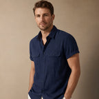 Linen Pants Men Utility Shirt Set 2-Piece Smart Casual Navy – Side Angle View