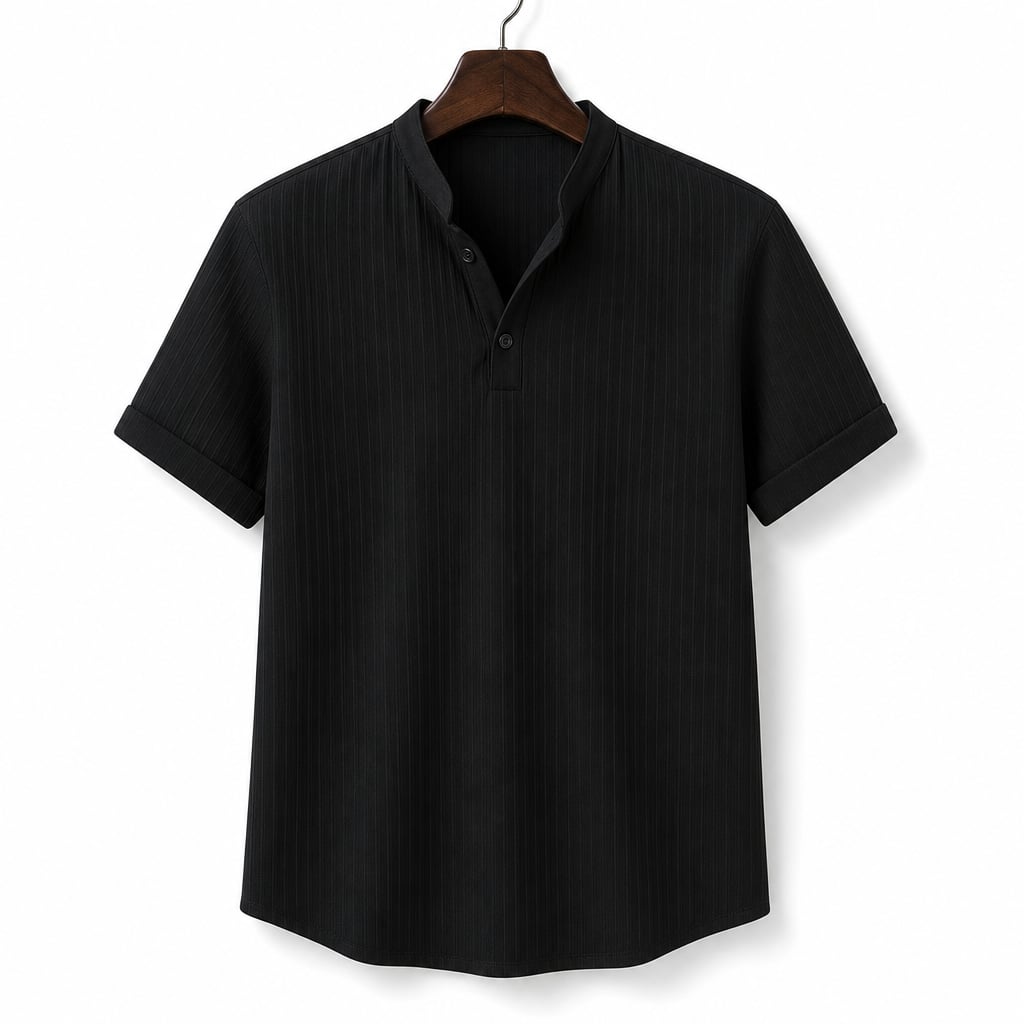 Linen Popover Band Collar Short Sleeve Shirt in Black Black – Product Photo