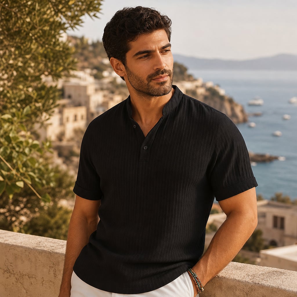 Linen Popover Band Collar Short Sleeve Shirt in Black Black – Styled Editorial Shot