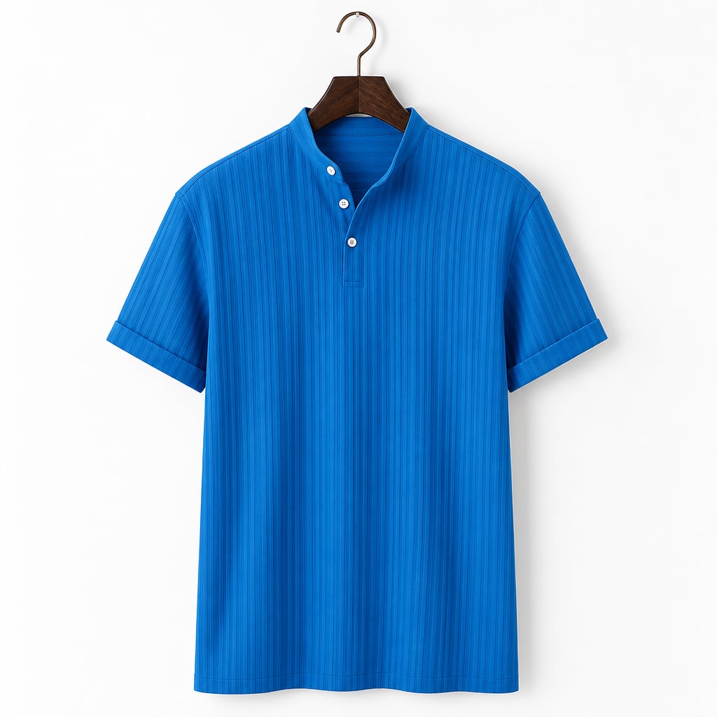 Linen Popover Band Collar Short Sleeve Shirt in Black Blue – Product Photo