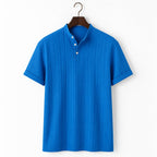 Linen Popover Band Collar Short Sleeve Shirt in Black Blue – Product Photo