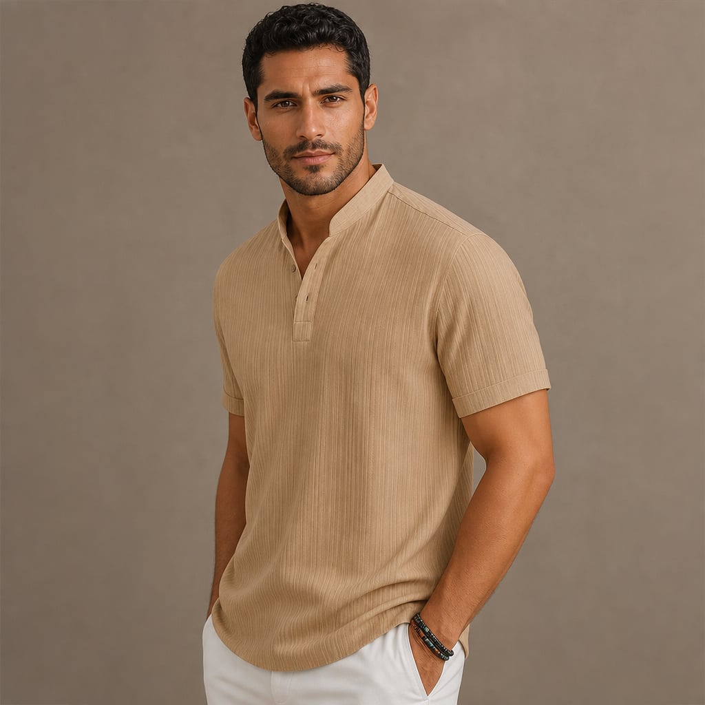 Linen Popover Band Collar Short Sleeve Shirt in Black Khaki – Side Angle View