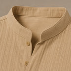 Linen Popover Band Collar Short Sleeve Shirt in Black Khaki – Fabric and Detail Close-Up