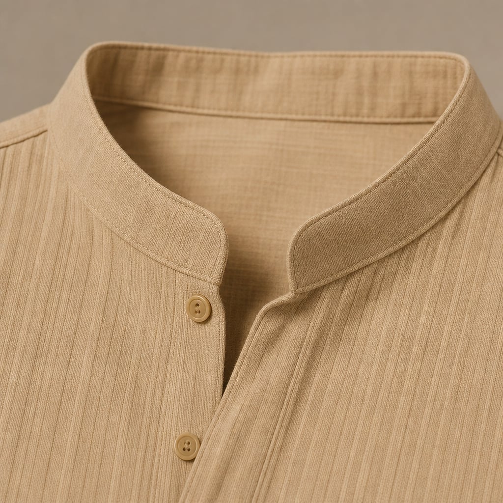 Linen Popover Band Collar Short Sleeve Shirt in Black Khaki – Fabric and Detail Close-Up