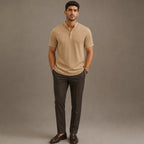 Linen Popover Band Collar Short Sleeve Shirt in Black Khaki – Full Look