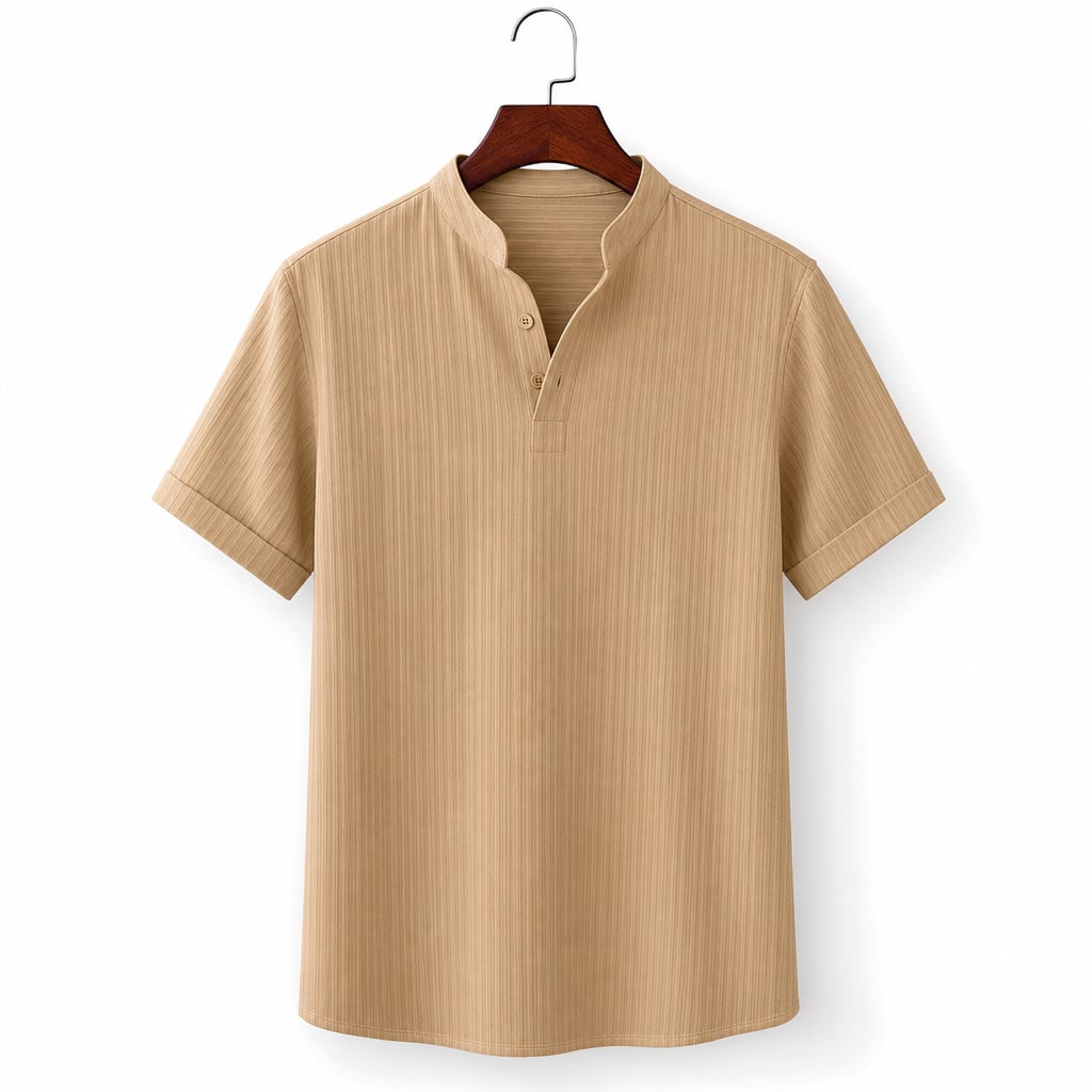 Linen Popover Band Collar Short Sleeve Shirt in Black Khaki – Product Photo