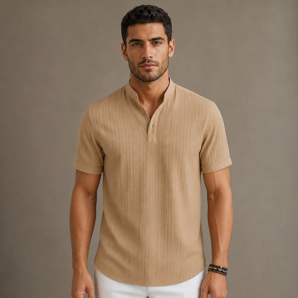 Linen Popover Band Collar Short Sleeve Shirt in Black in Khaki – Tarlano Premium Menswear