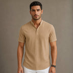 Linen Popover Band Collar Short Sleeve Shirt in Black in Khaki – Tarlano Premium Menswear