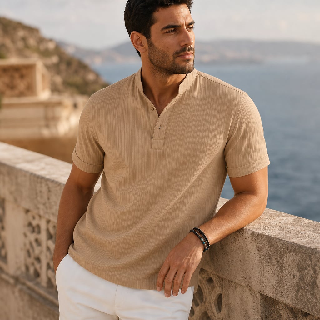 Linen Popover Band Collar Short Sleeve Shirt in Black Khaki – Styled Editorial Shot