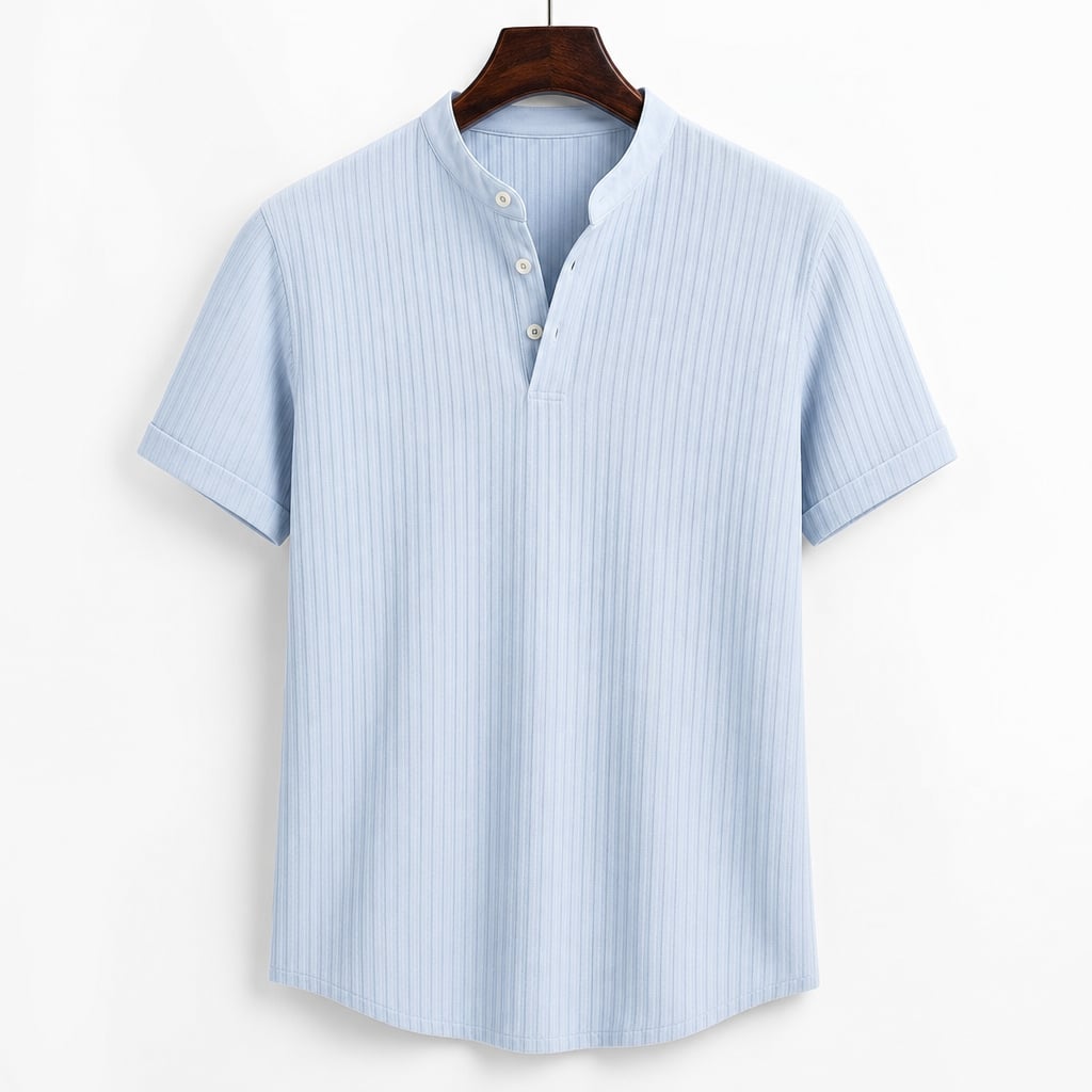 Linen Popover Band Collar Short Sleeve Shirt in Black Light Blue – Product Photo