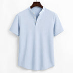 Linen Popover Band Collar Short Sleeve Shirt in Black Light Blue – Product Photo