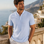Linen Popover Band Collar Short Sleeve Shirt in Black Light Blue – Styled Editorial Shot