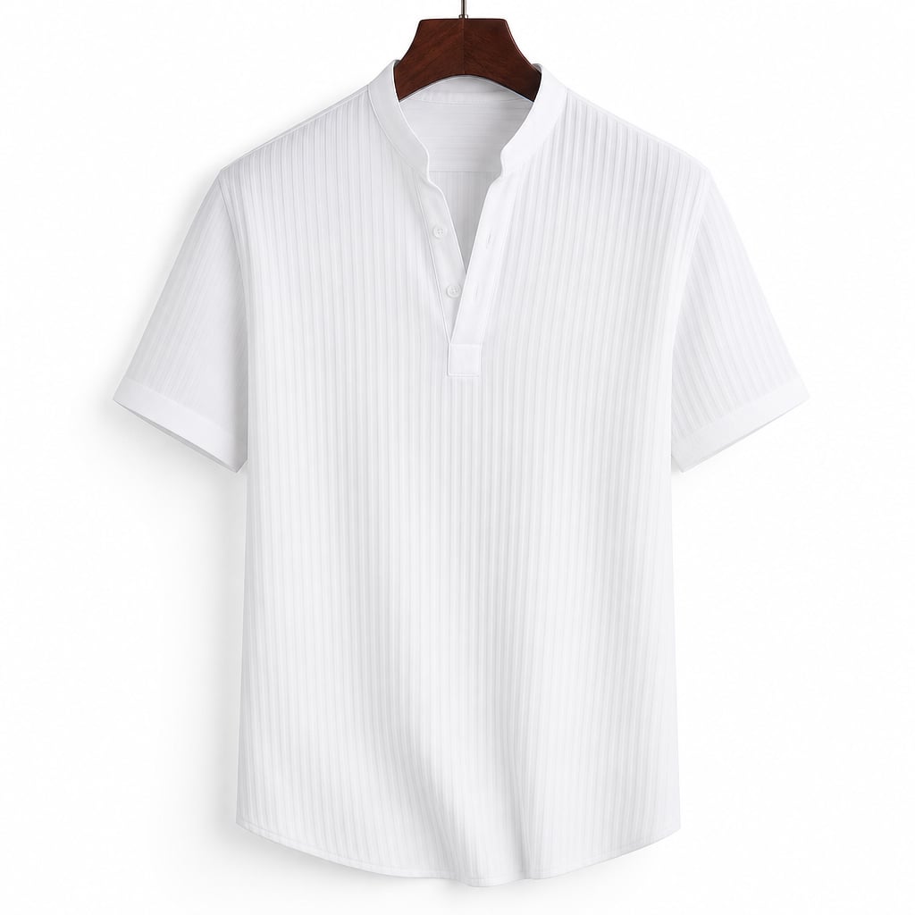 Linen Popover Band Collar Short Sleeve Shirt in Black White – Product Photo