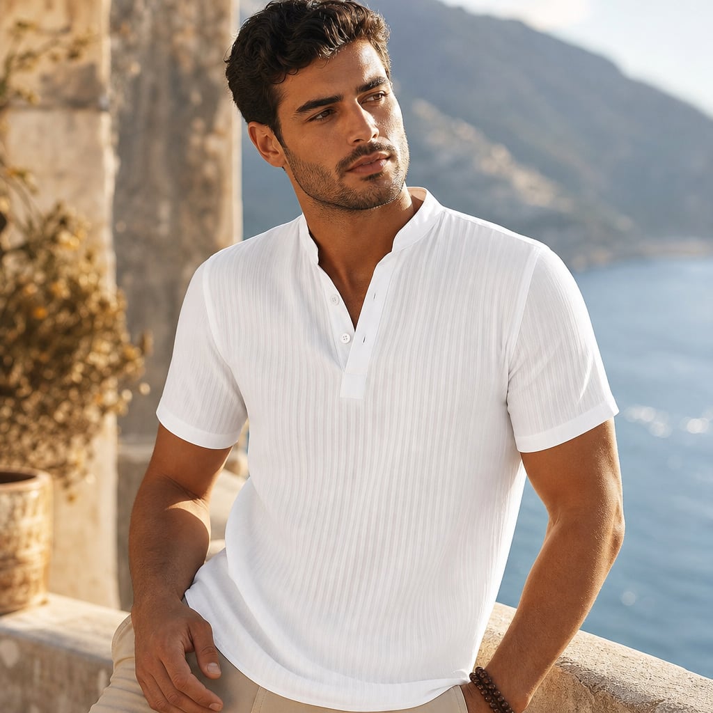 Linen Popover Band Collar Short Sleeve Shirt in Black White – Styled Editorial Shot