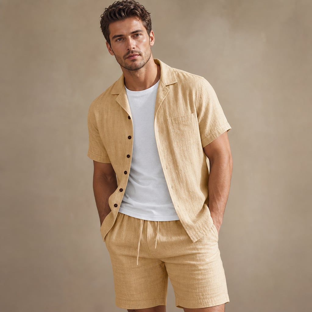 Linen Shirt and Shorts Set Regular Fit Short Sleeve Co-ord Apricot – Side Angle View