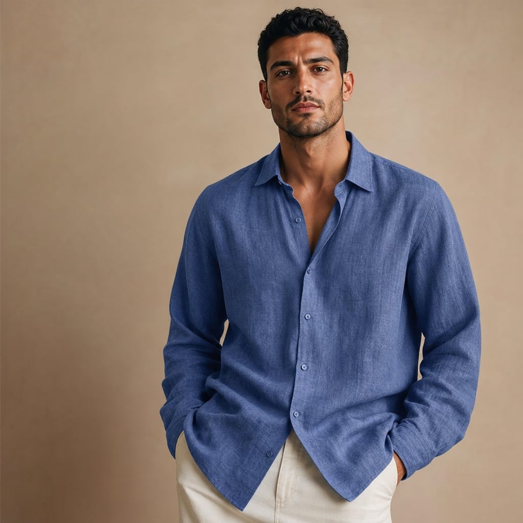 Linen Shirt Breathable Classic Fit Blu – Product Photo