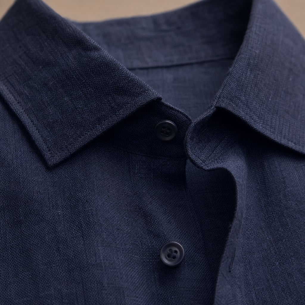 Linen Shirt Breathable Classic Fit Blu Scuro – Fabric and Detail Close-Up