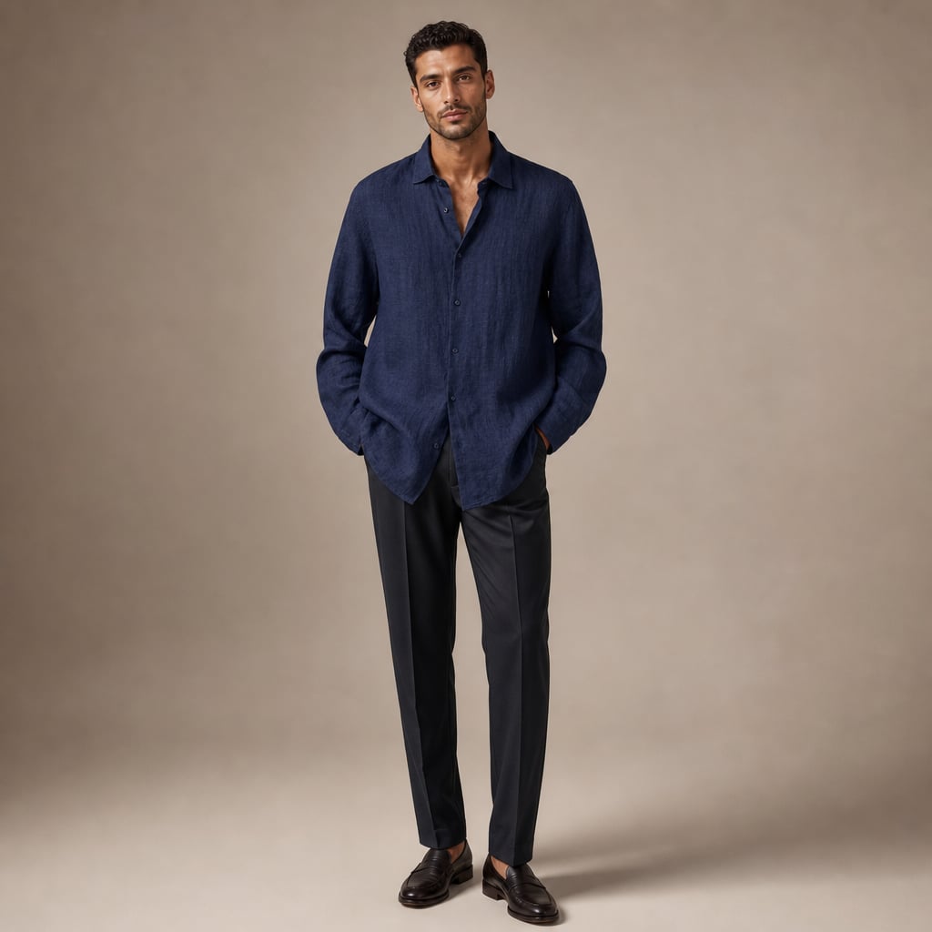 Linen Shirt Breathable Classic Fit Blu Scuro – Full Look