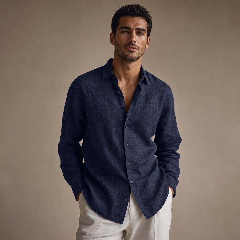 Linen Shirt Breathable Classic Fit Blu Scuro – Product Photo