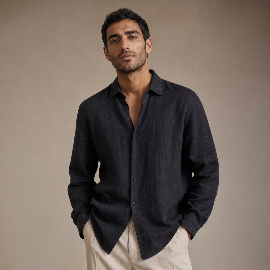 Linen Shirt Breathable Classic Fit Nero – Product Photo