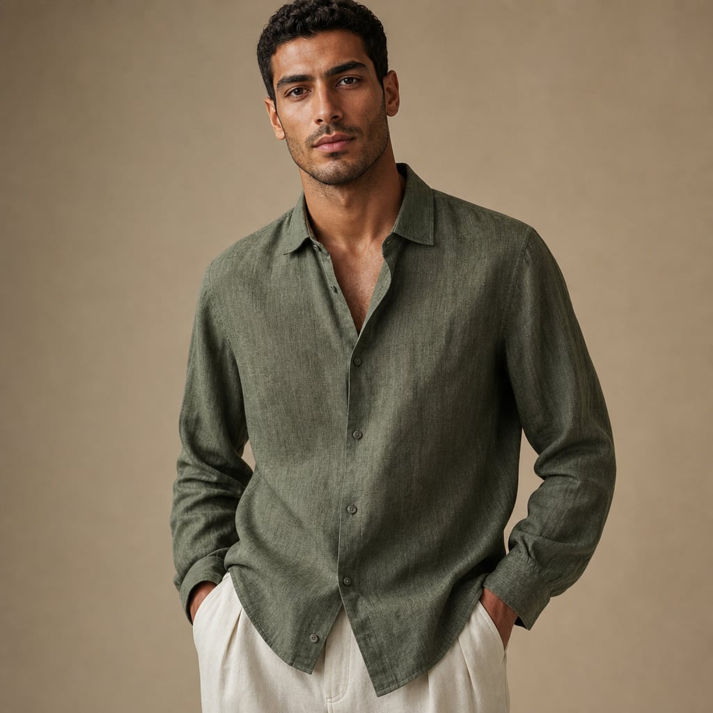 Linen Shirt Breathable Classic Fit Verde Scuro – Product Photo