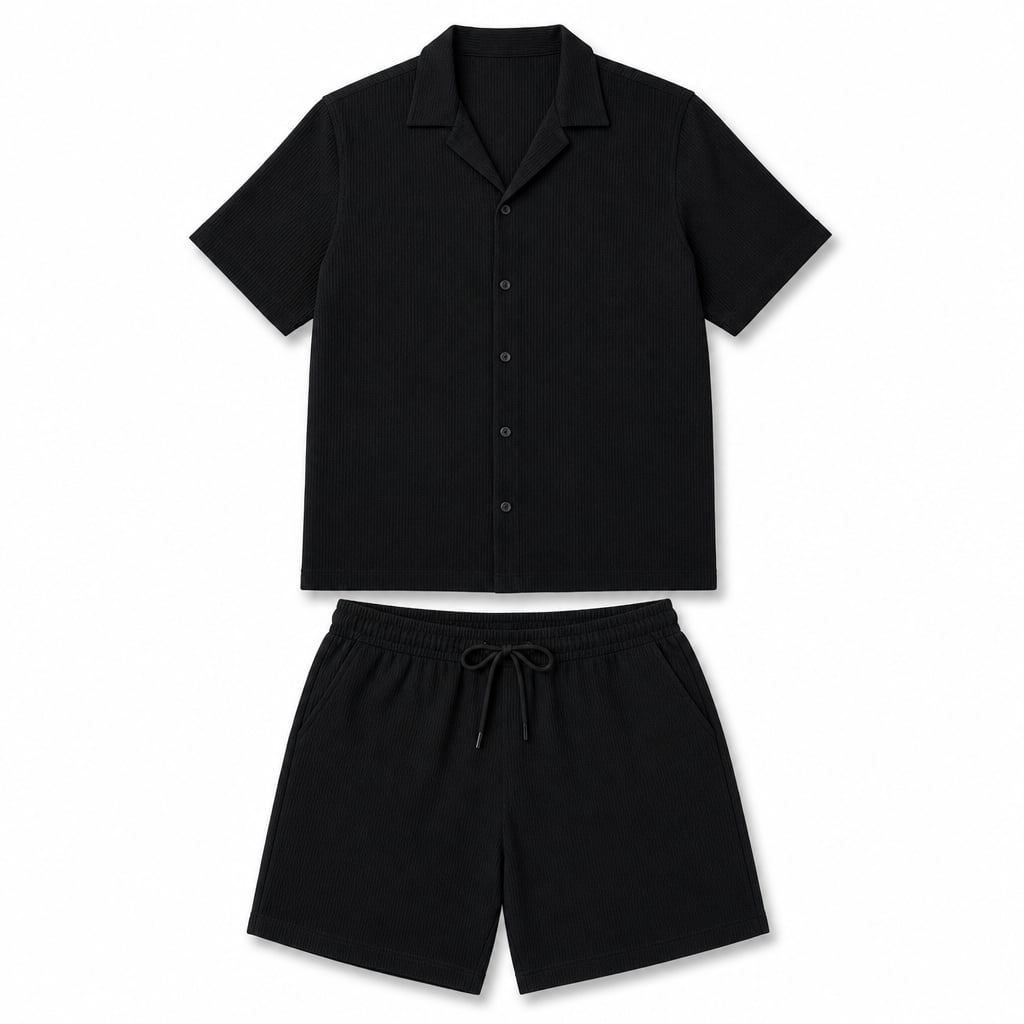 Linen Shirt Men Camp Collar Shorts Set Ribbed Weave Black – Product Photo