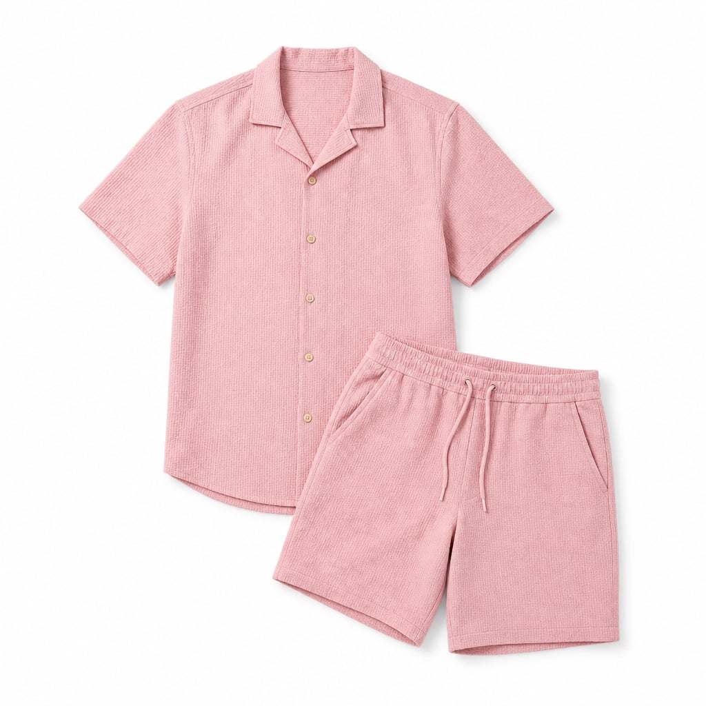 Linen Shirt Men Camp Collar Shorts Set Ribbed Weave Pink – Product Photo
