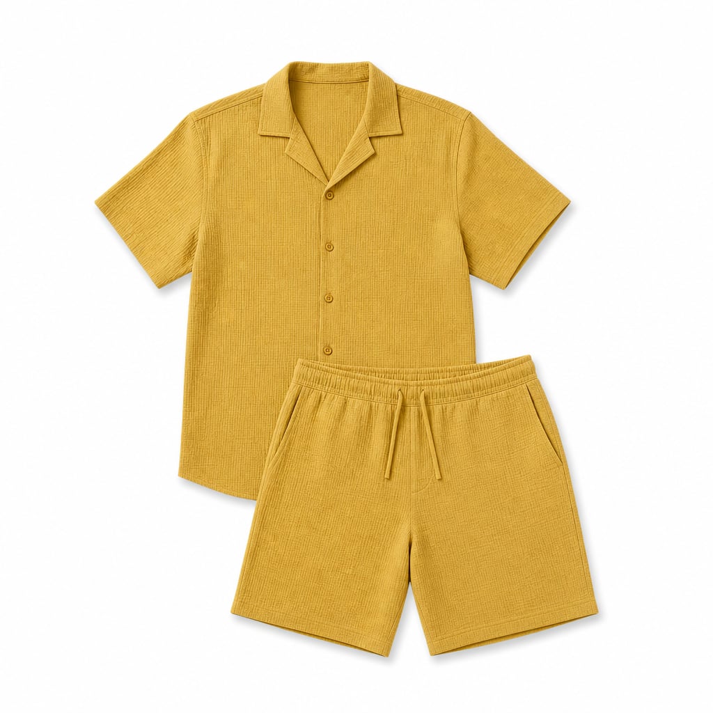 Linen Shirt Men Camp Collar Shorts Set Ribbed Weave Yellow – Product Photo