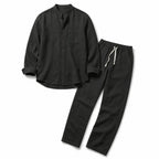 Linen Shirt Men Long Sleeve and Trousers Set Band Collar Black – Product Photo