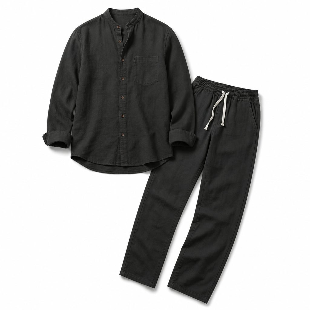 Linen Shirt Men Long Sleeve and Trousers Set Band Collar Black – Product Photo