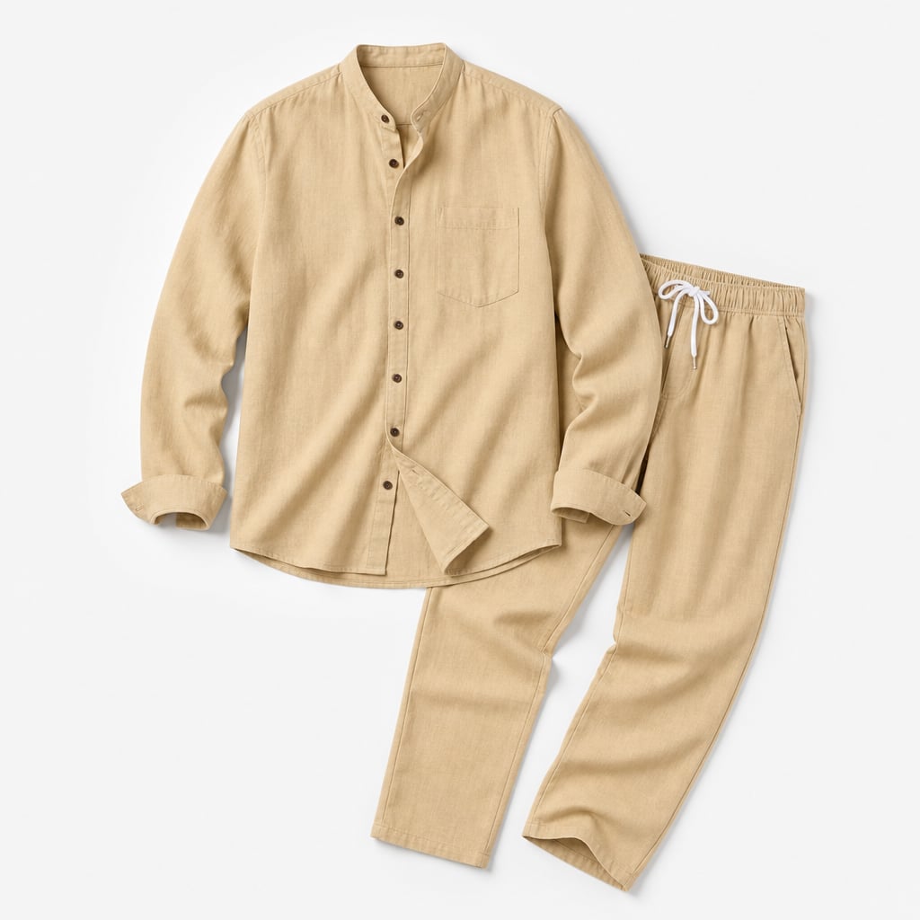 Linen Shirt Men Long Sleeve and Trousers Set Band Collar Khaki – Product Photo