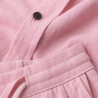 Linen Shirt Men Long Sleeve and Trousers Set Band Collar Light Pink – Fabric and Detail Close-Up