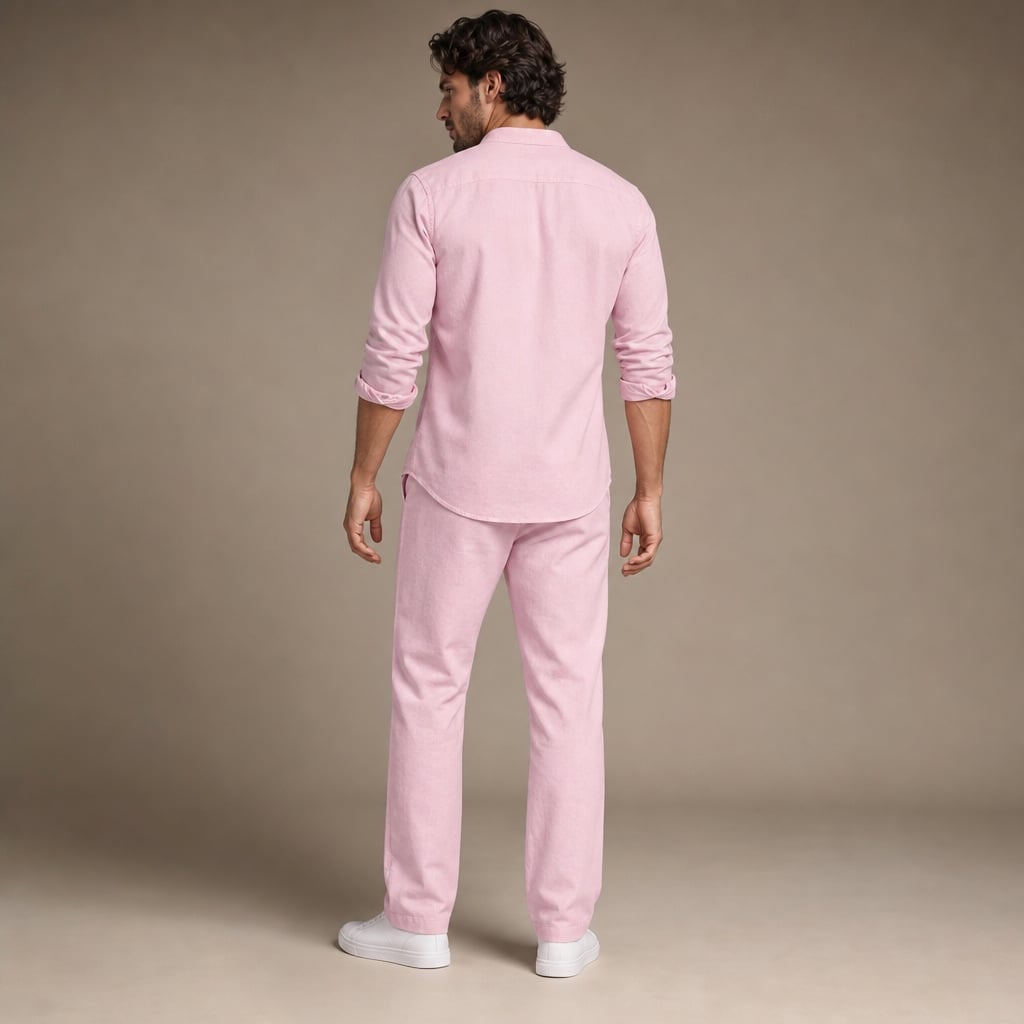 Linen Shirt Men Long Sleeve and Trousers Set Band Collar Light Pink – Full Look