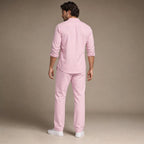 Linen Shirt Men Long Sleeve and Trousers Set Band Collar Light Pink – Full Look
