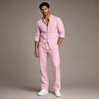 Linen Shirt Men Long Sleeve and Trousers Set Band Collar in Light Pink – Tarlano Premium Menswear