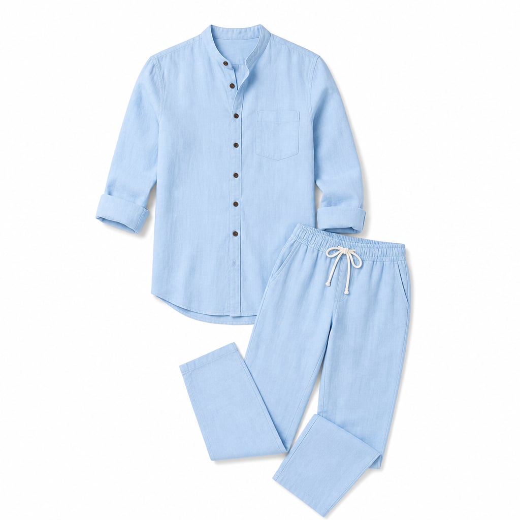Linen Shirt Men Long Sleeve and Trousers Set Band Collar Sky Blue – Product Photo