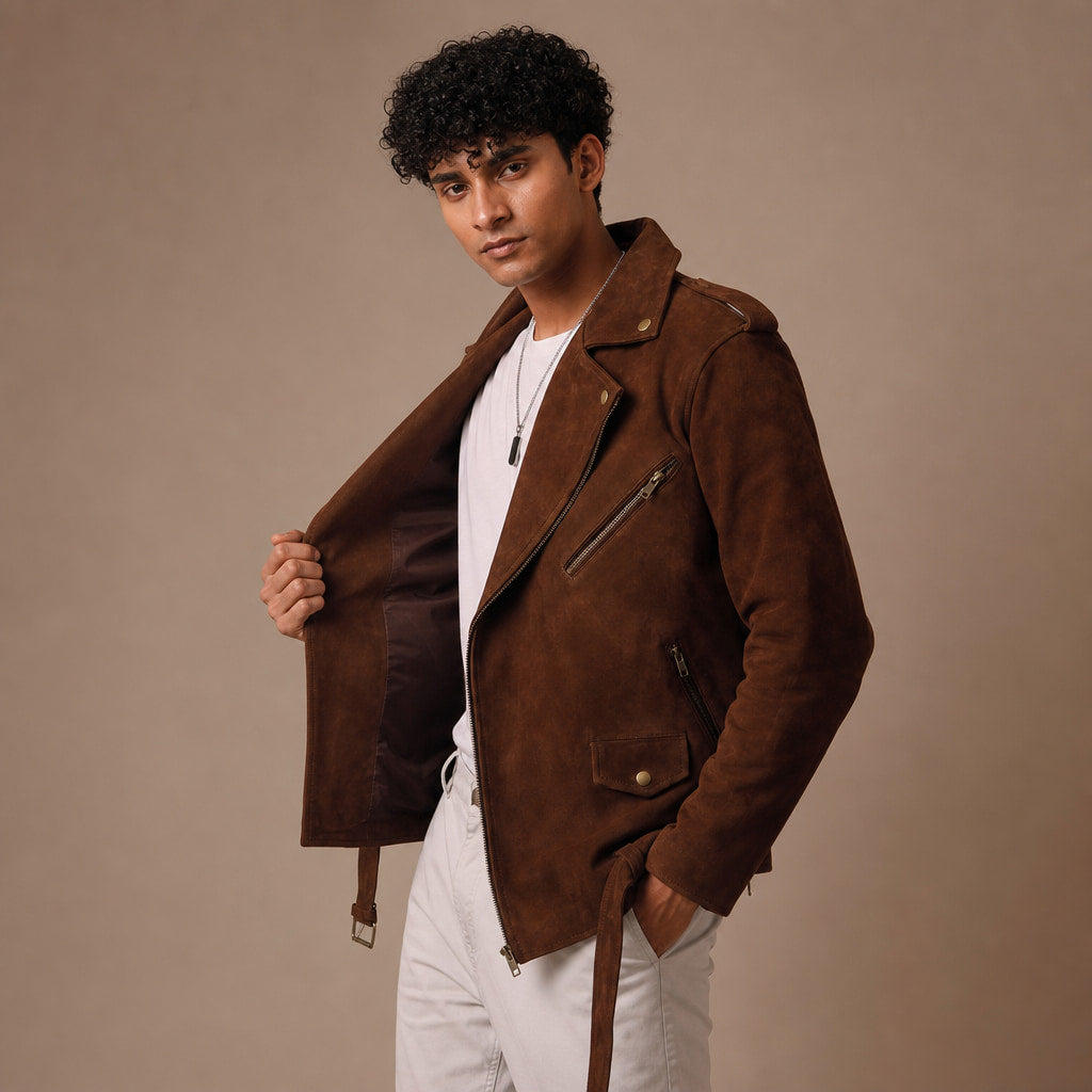 Loaded Dark Brown Suede Leather Biker Jacket For Men Brown – Side Angle View