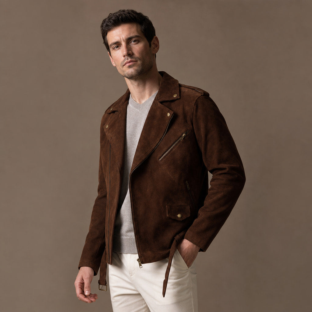Loaded Dark Brown Suede Leather Biker Jacket For Men Brown – Side Angle View