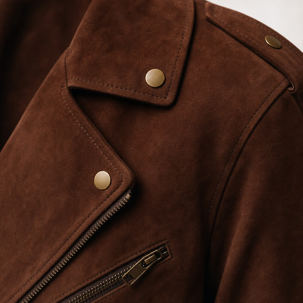 Loaded Dark Brown Suede Leather Biker Jacket For Men Brown – Fabric and Detail Close-Up