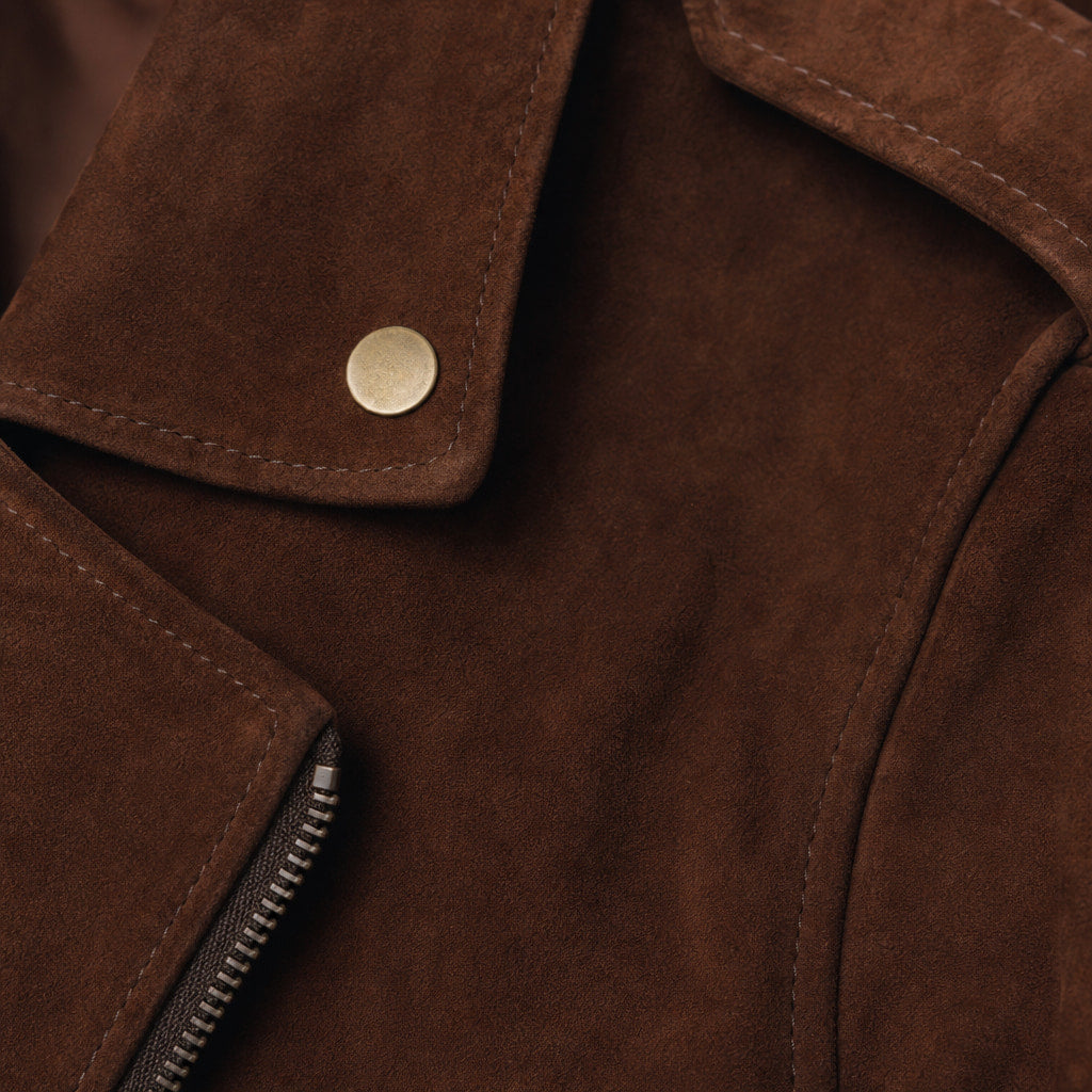 Loaded Dark Brown Suede Leather Biker Jacket For Men Brown – Fabric and Detail Close-Up
